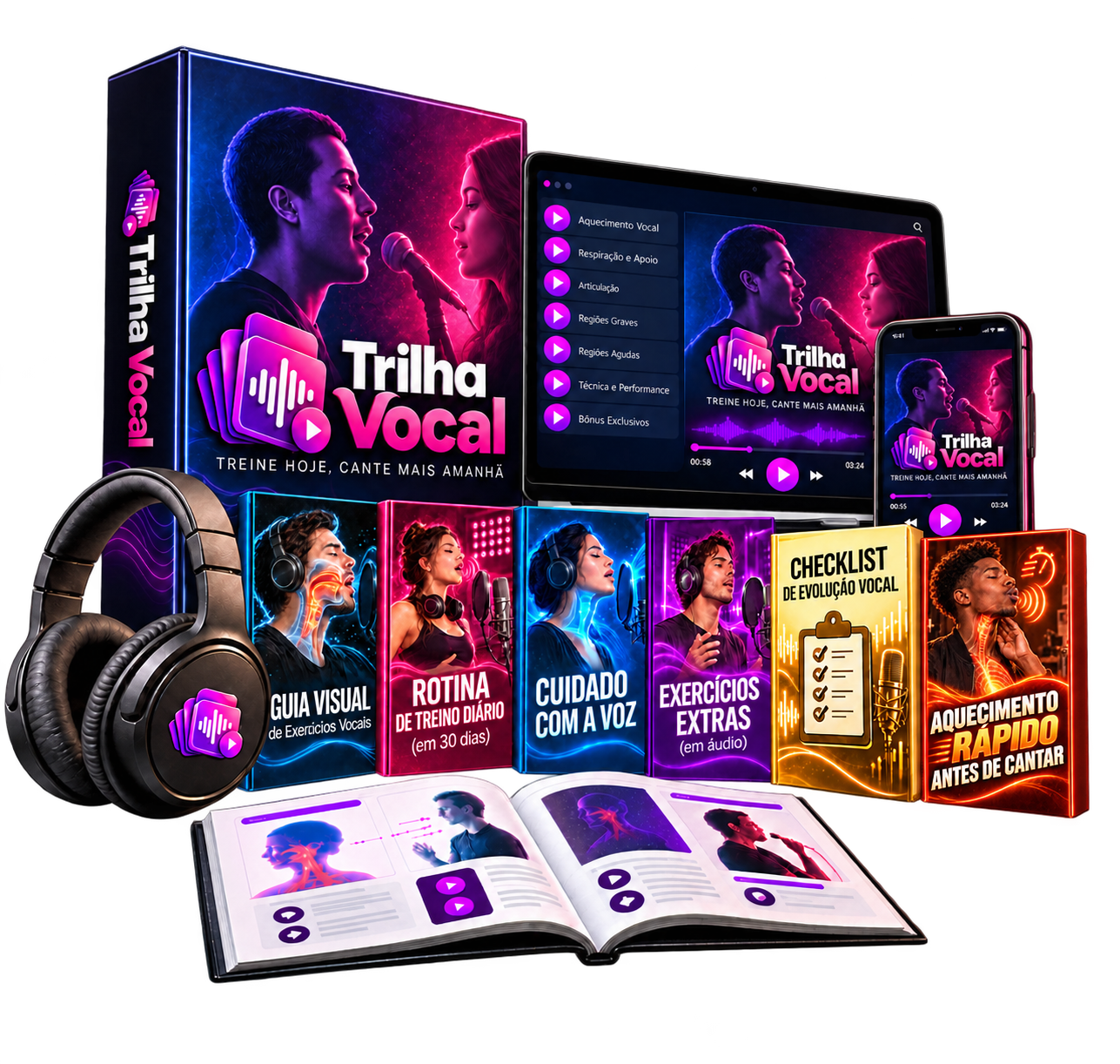 Trilha Vocal em áudio com fone completo, guias, rotina de treino, cuidados vocais, exercícios extras e checklist